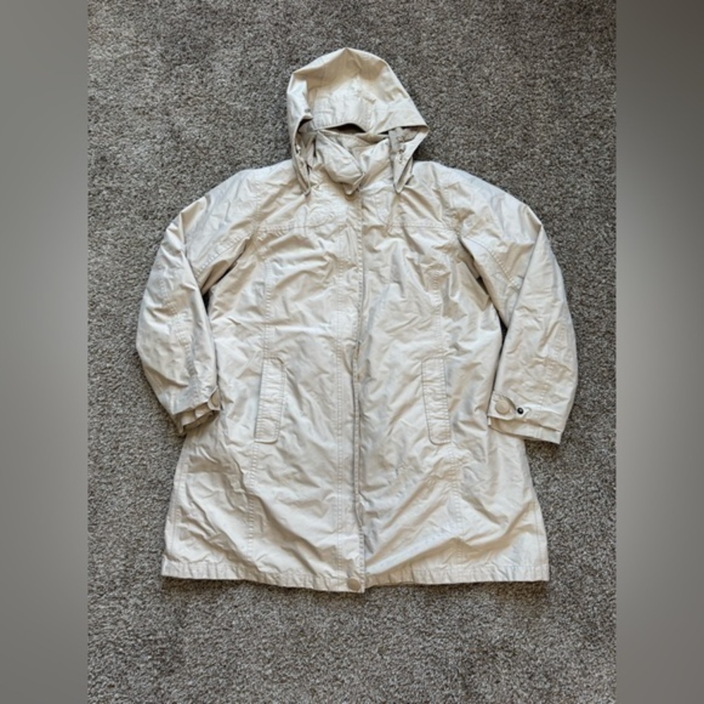 LL Bean Jacket Womens L Beige Trench Hooded Zip Pocket Snap Outdoor *flawed